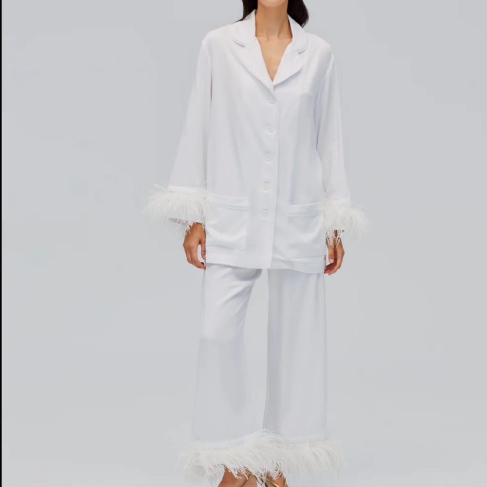 Women's White Feather Trim Pajama Set